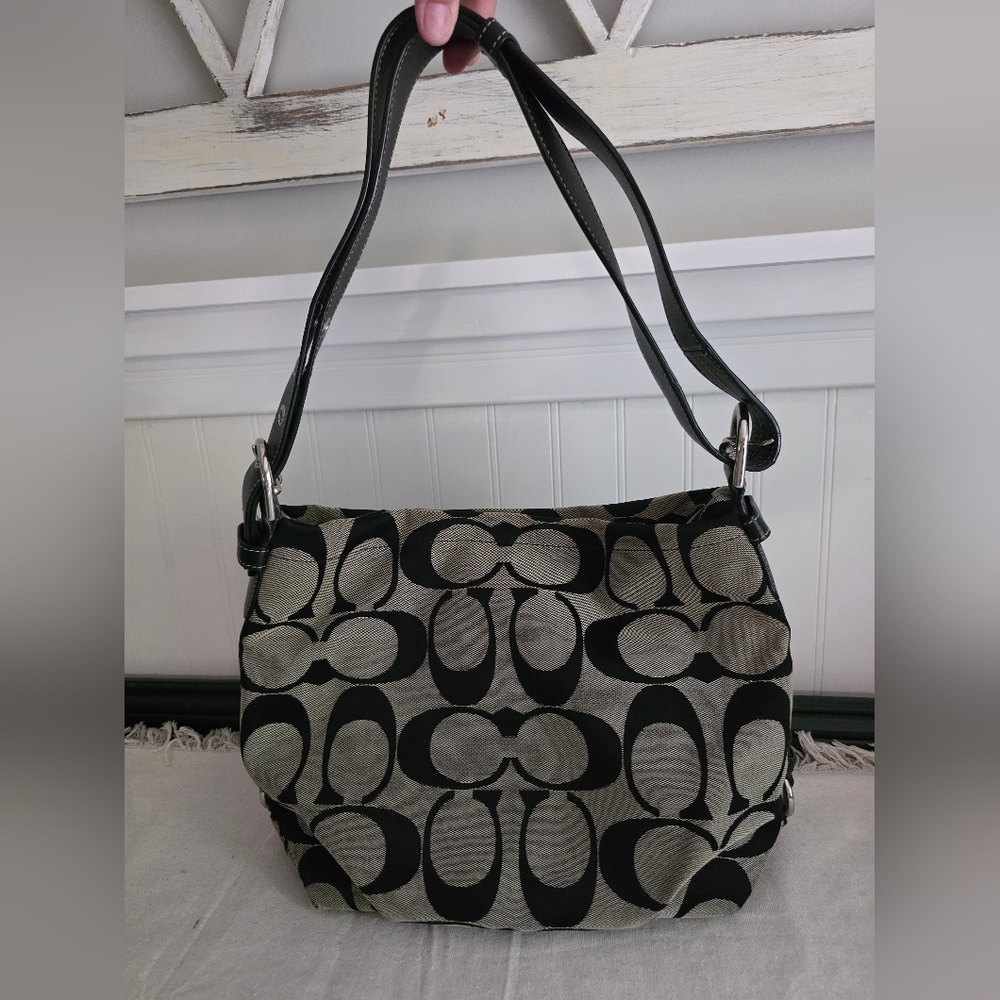 Coach F15067 Black Canvas Signature Monogram Shoulder Hobo Bag Y2K With Wallet